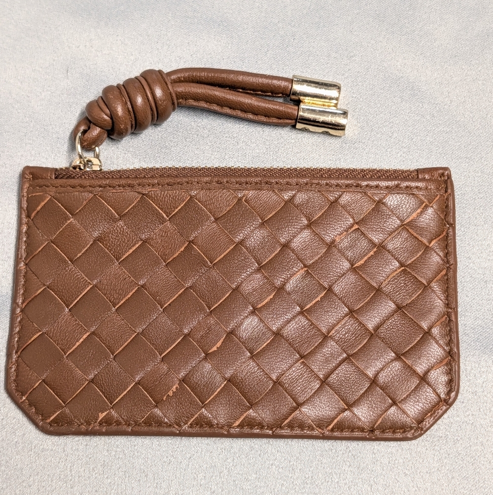 Woven Leather Card Wallet in Brown
